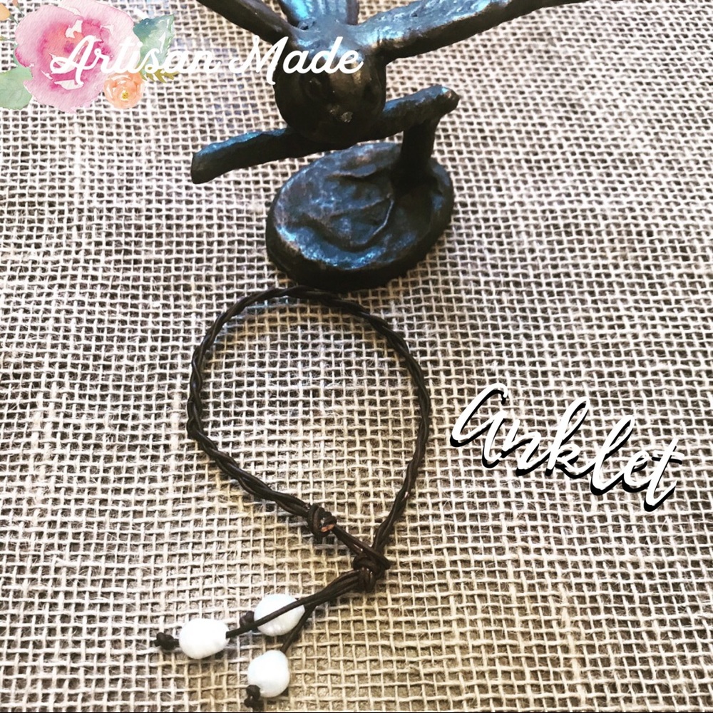 NEW Genuine Pearl Braided Leather Boho Anklet